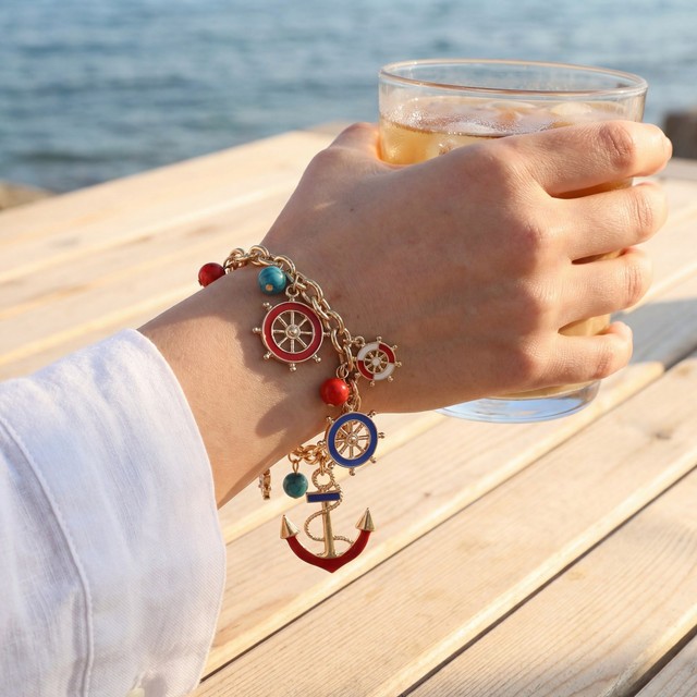 Nautical Charm Bracelet Anchor Ship Wheel Gold Tone 7.0 in Beach Summer Jewelry
