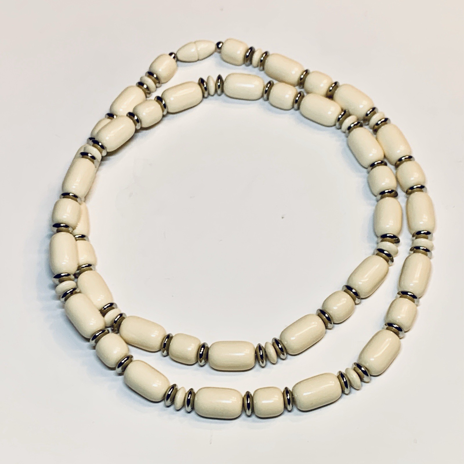 Vintage Cream & Silver Bead Necklace 32”