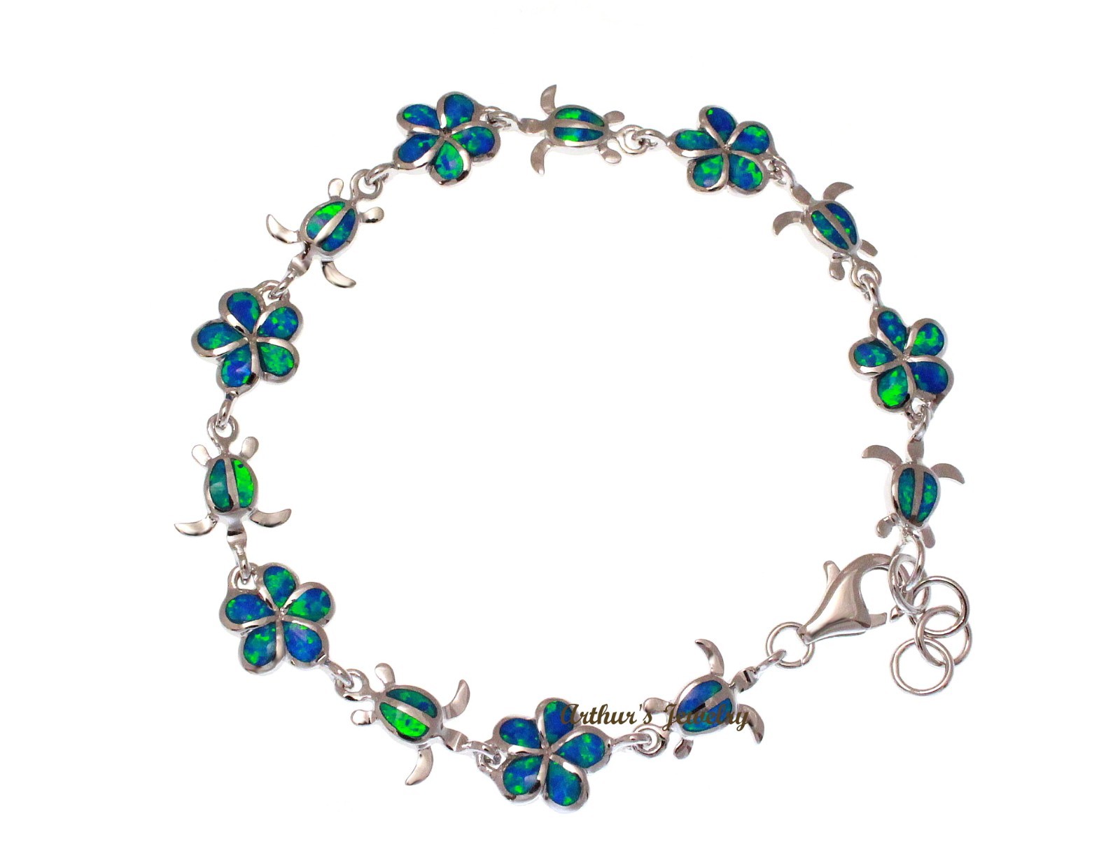 INLAY OPAL SILVER 925 HAWAIIAN PLUMERIA FLOWER HONU TURTLE LINK BRACELET 7″+