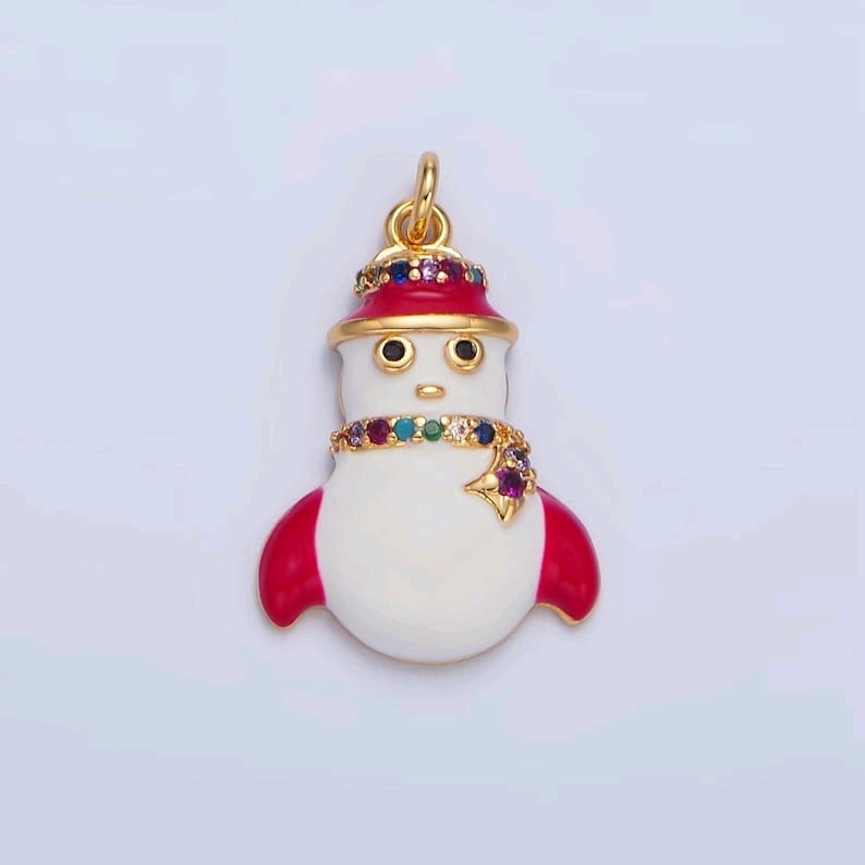 Christmas Snowman Colorful Micro Paved CZ, 24K Gold Filled Enamel Charm