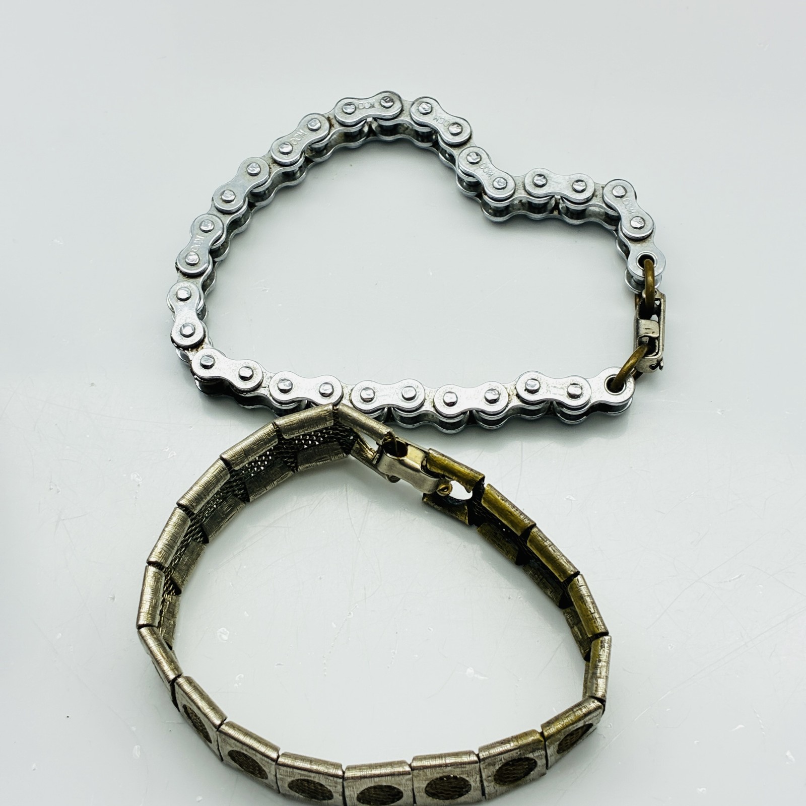 Chain Bracelets Lot of 2 Silver Tone Bike Chain and Mesh Panel Unisex Biker