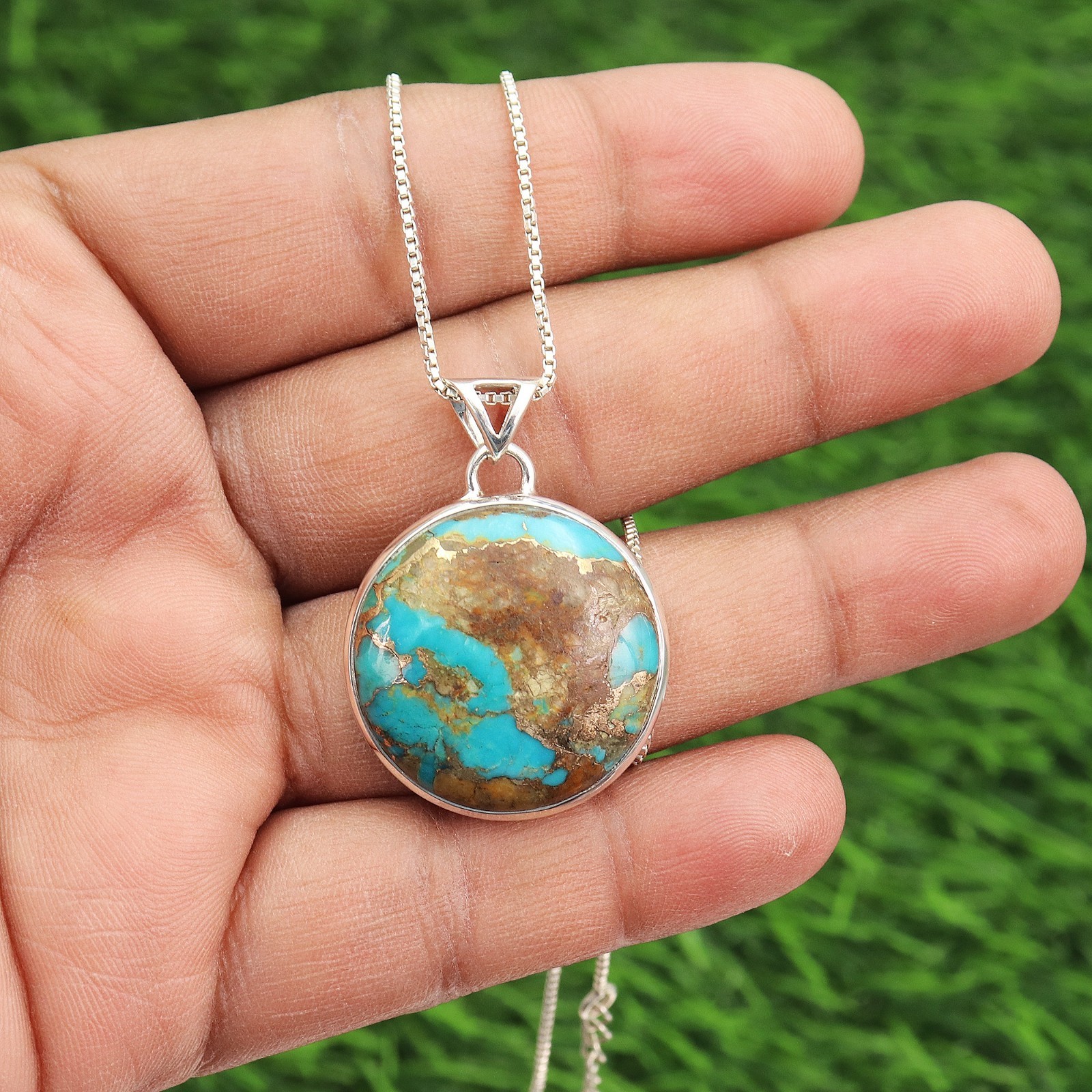 25MM Round Boulder Turquoise Necklace 925 Silver Pendant Gift for Women