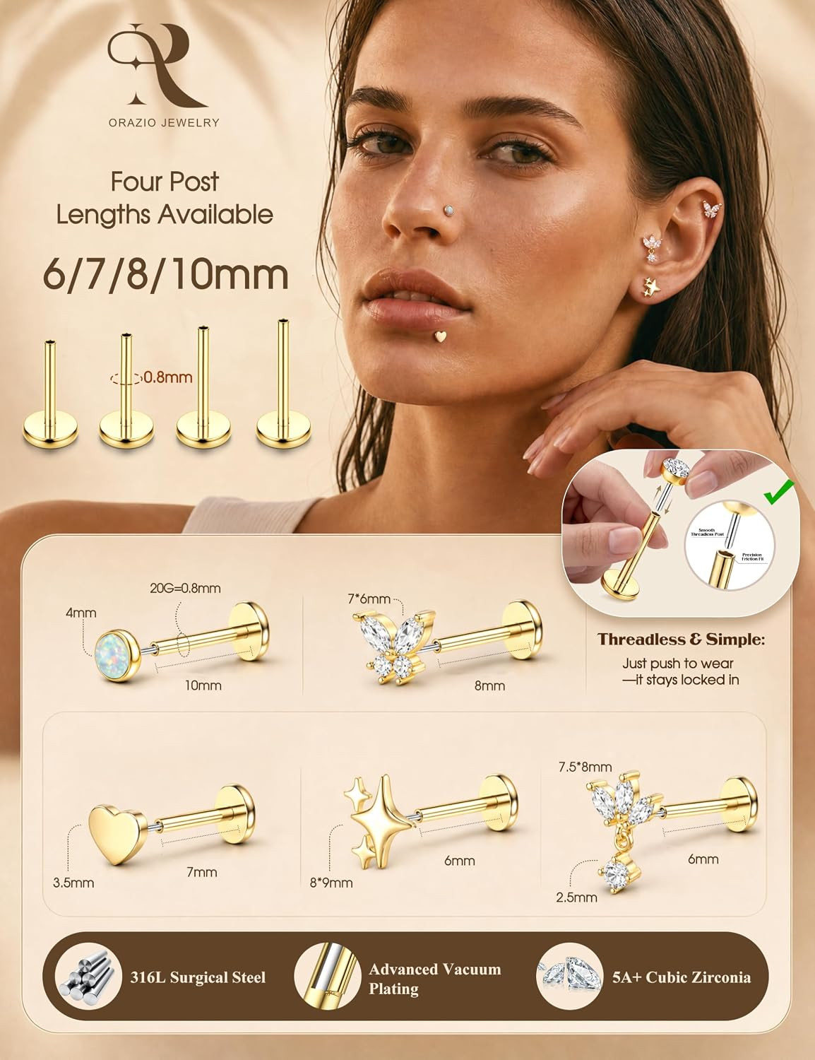 Hypoallergenic Flat Back Stud Earrings Surgical Steel Cartilage Earrings for Wom