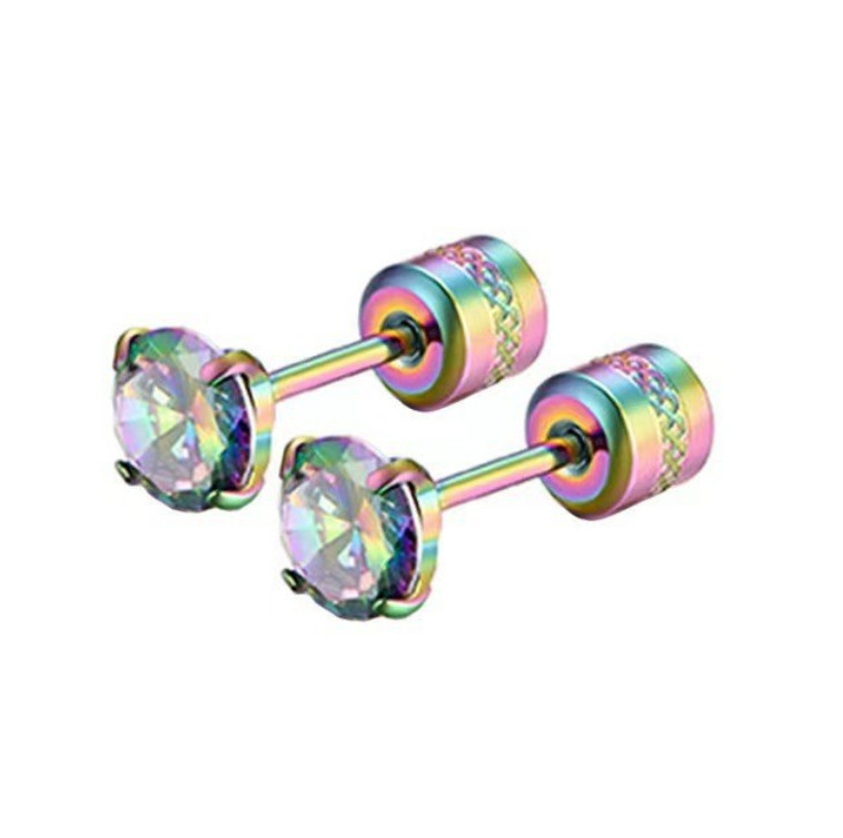 2PCS Silver Stainless Steel Round CZ Screw Back Ear Stud Earrings Men Women