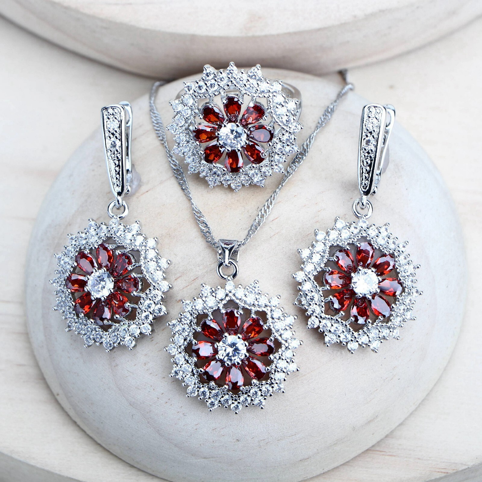 925 Silver CZ Red Garnet Ring Earrings Bracelet Pendant Necklace Set