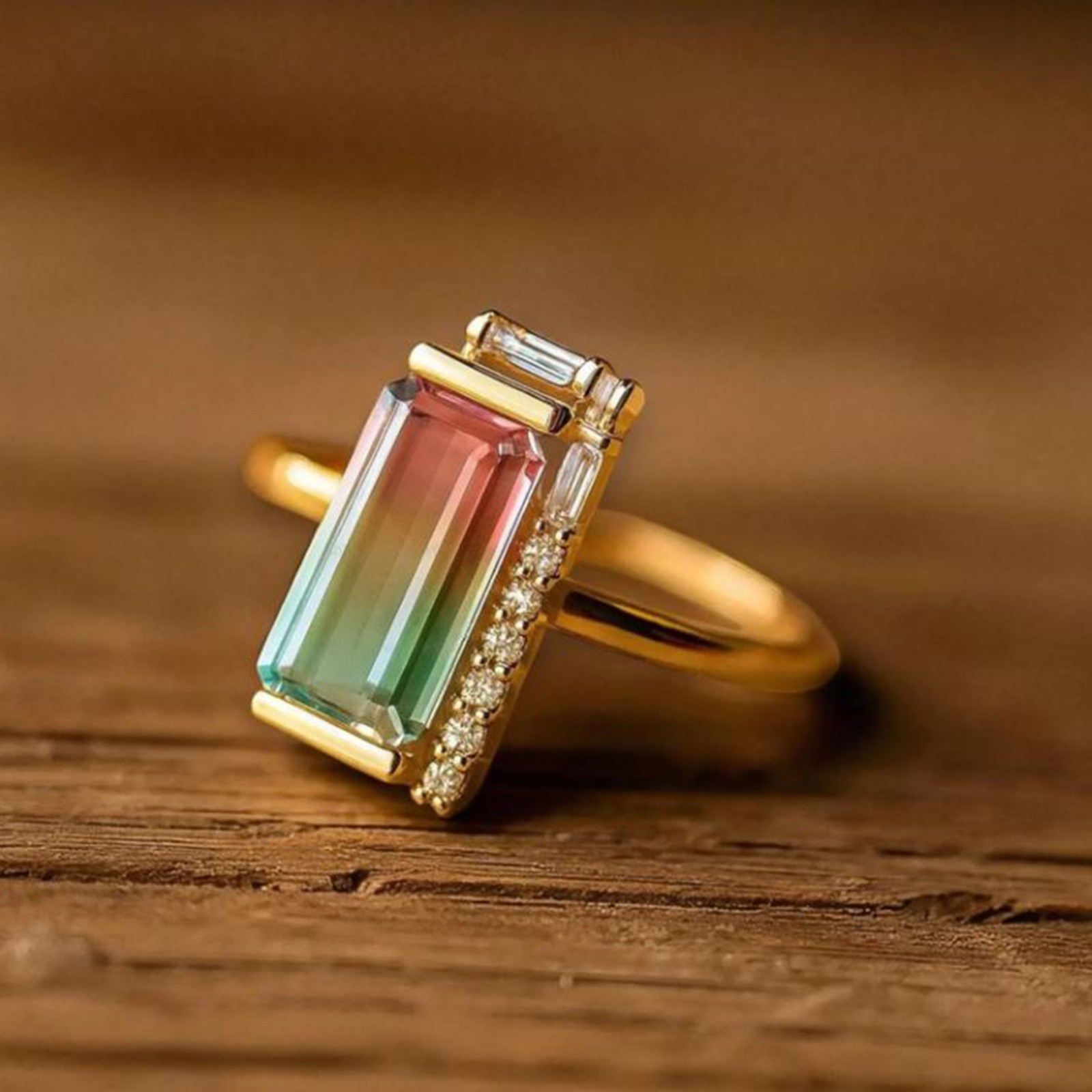 Baguette Cut Watermelon Tourmaline Engagement Art Deco Ring, Antique Jewelry