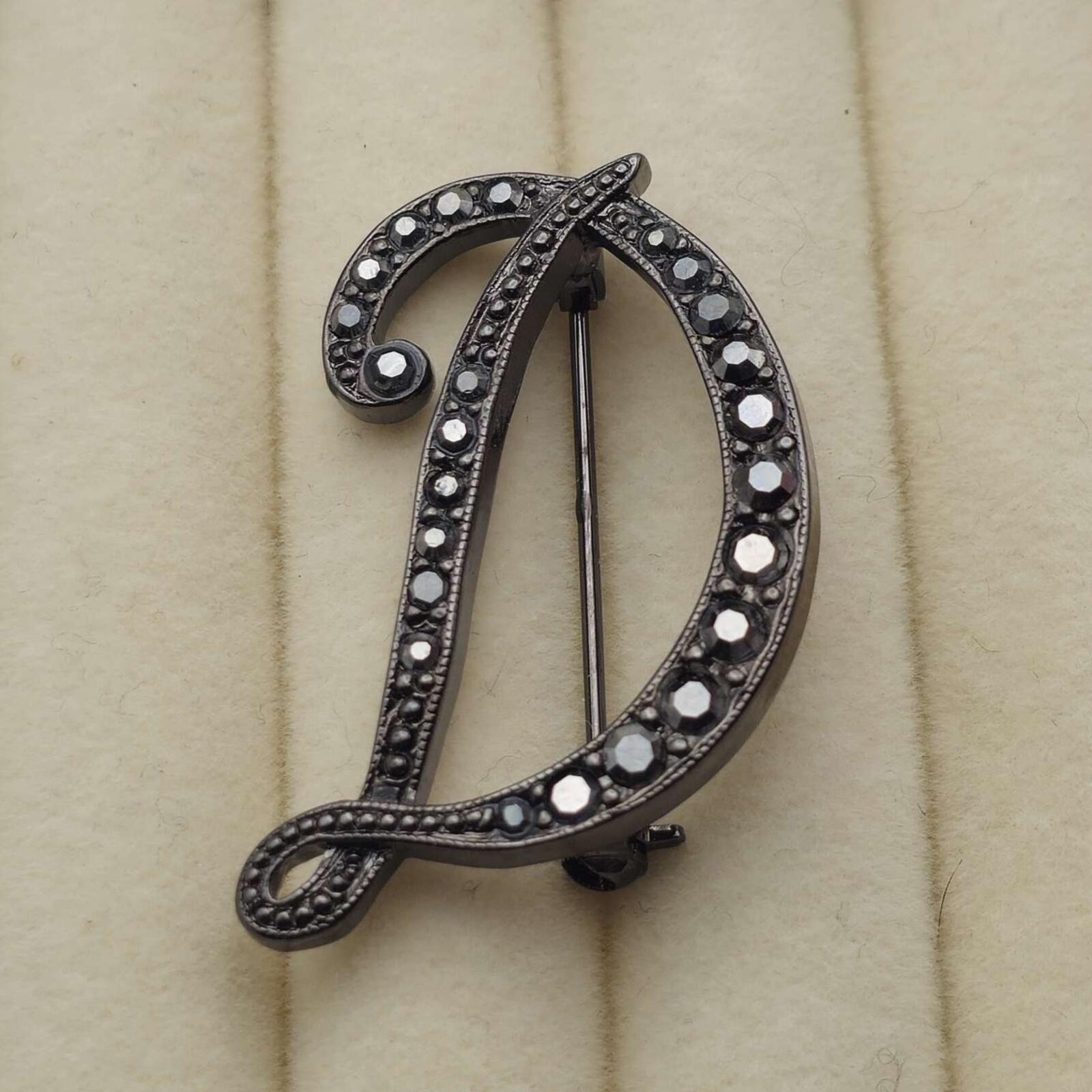 Gun Metal Grey Letter “D” Brooch Marcasite Stones 1 Inch Long