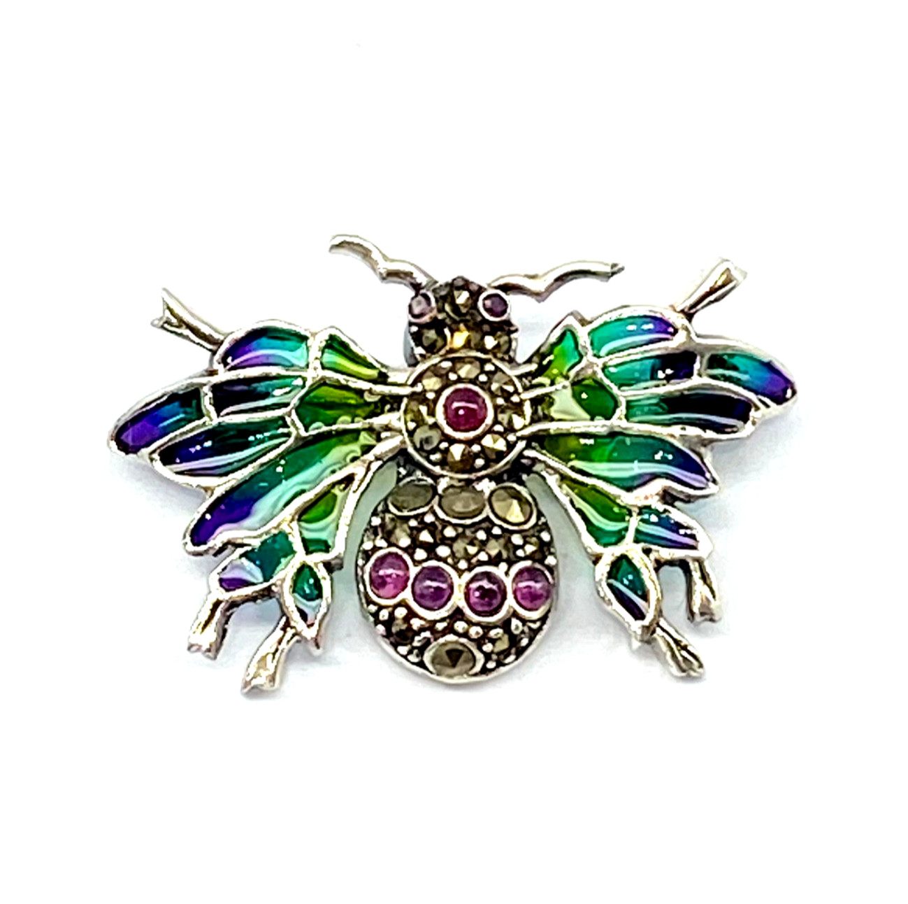 Moth Brooch 925 Sterling Silver Rubies Marcasite Plique a Jour 3.5 x 2cm New