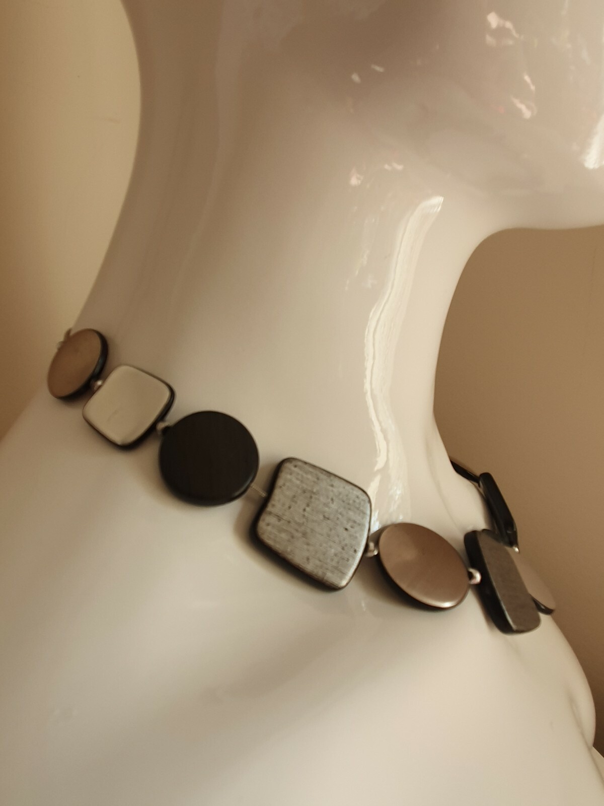 Sliver Black Mismatched Flat Bead Statement Adjustable Necklace FPP-0002