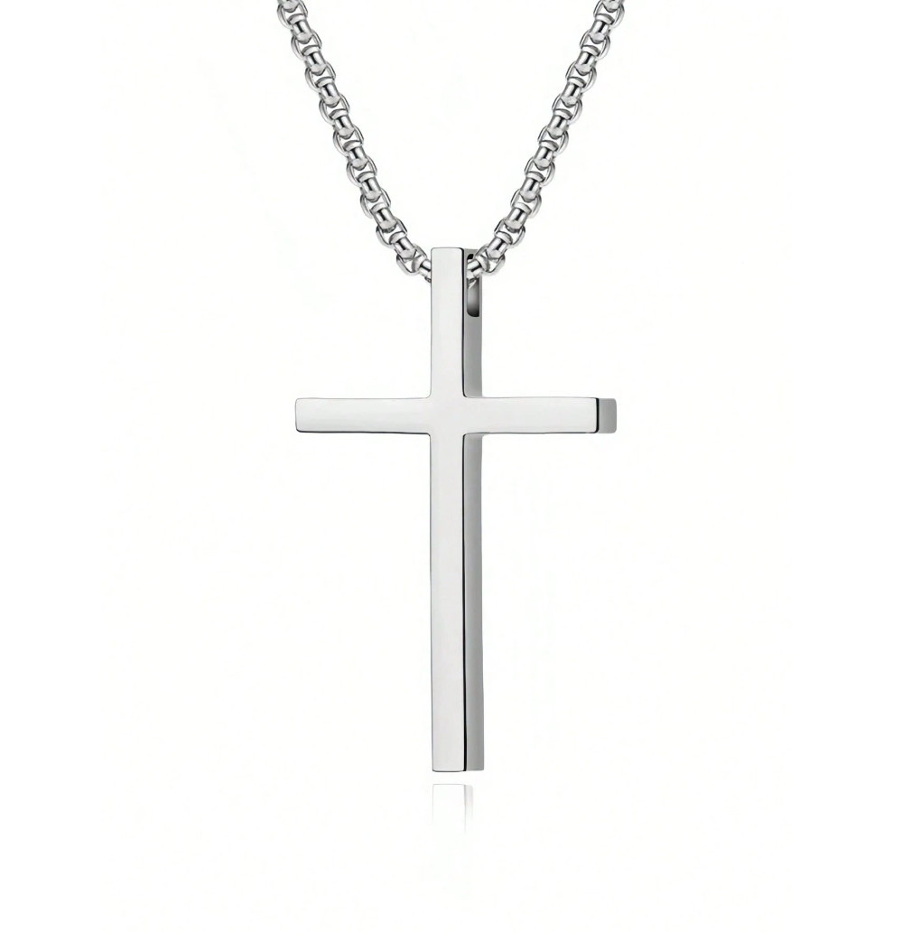Men Women Plain Cross Necklace Stainless Steel Simple Pendant Box Chain 24″