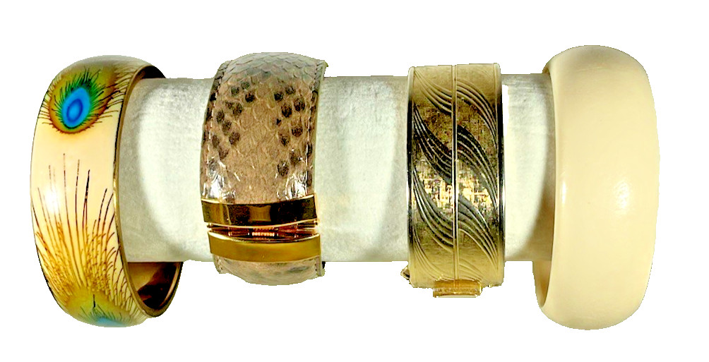 Lot 4 Bracelets Cuff Bangle 1″ Wide Mixed Materials 2 Hinged 2 Slides Classic
