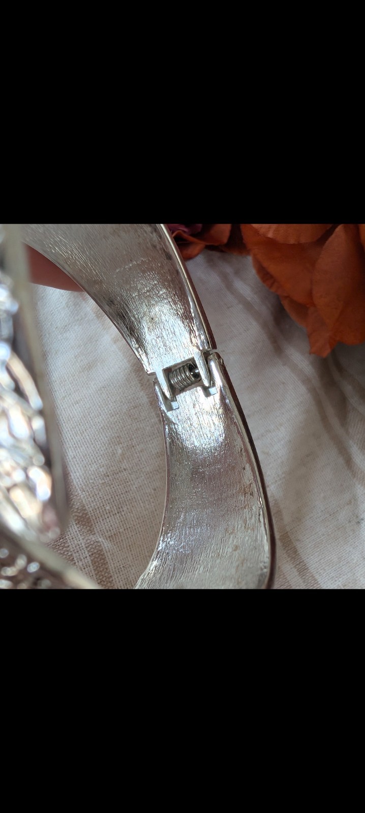Silver Tone Wide Hinged Cuff Bracelet with Etched Geometric Pattern, Metal