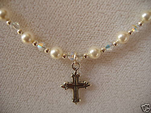 FIRST COMMUNION/CONFIRMATION CHILD NECKLACE, SS Cross, made w/ Swarovski Crystal