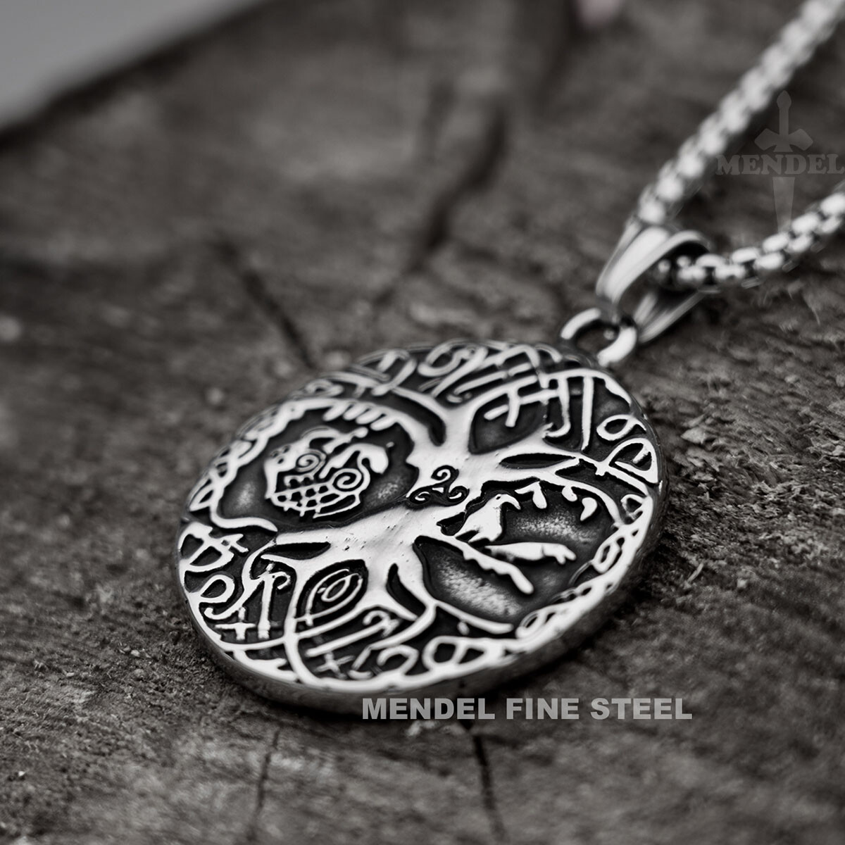 MENDEL Mens Viking Tree Of Life Yggdrasil Raven Pendant Necklace Stainless Steel
