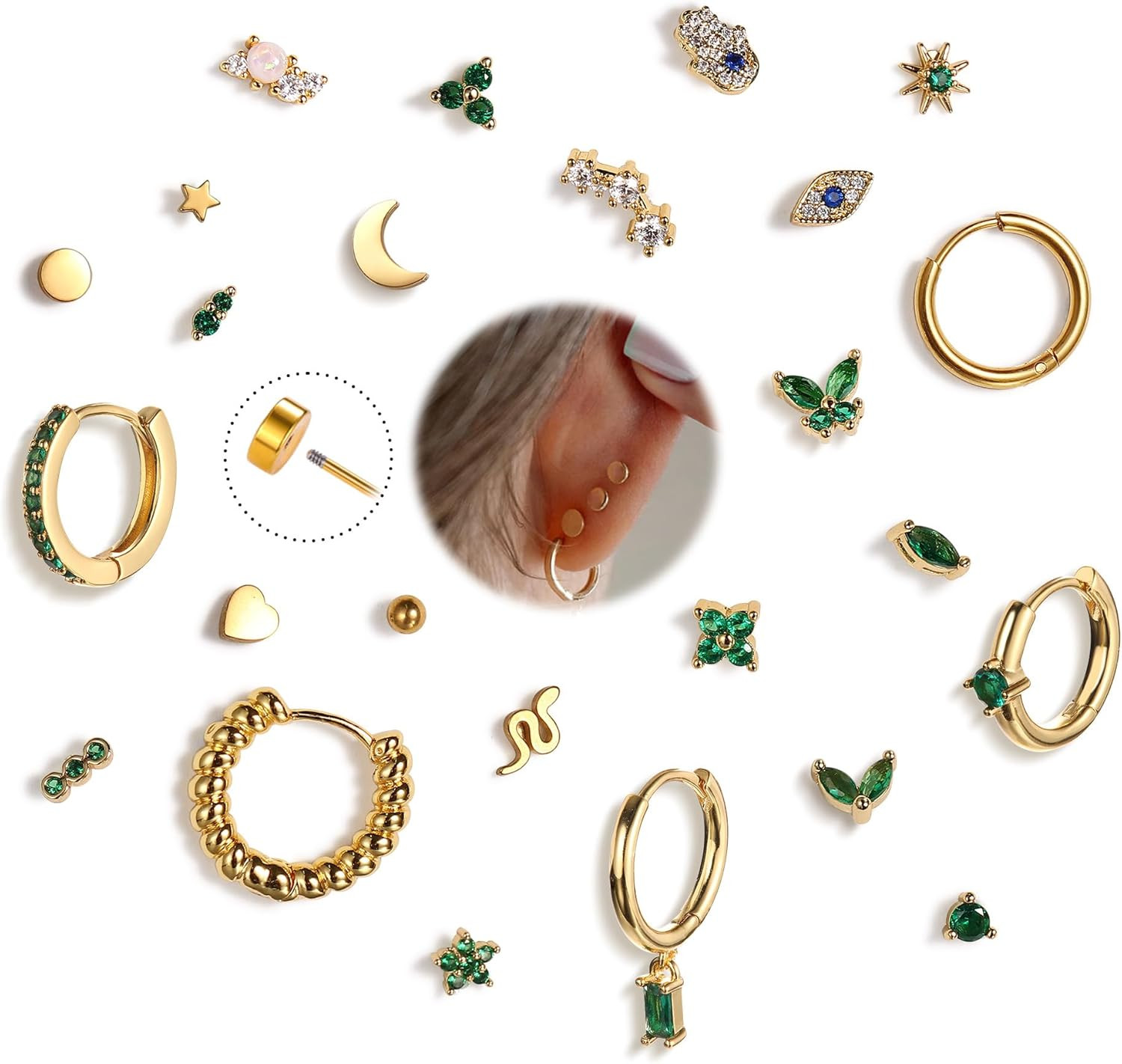 25Pcs/17 Pairs Hypoallergenic Surgical Steel Earrings for Sensitive Ears 14K Gol