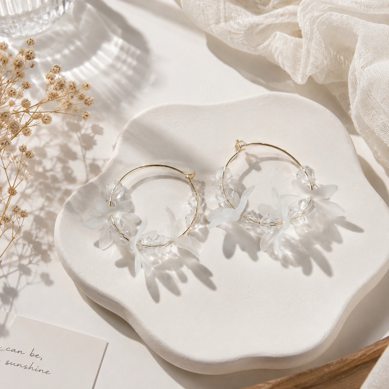 Gold Tone White Flower Charm Hoop Earrings Clear Beads Latch Back Lobe