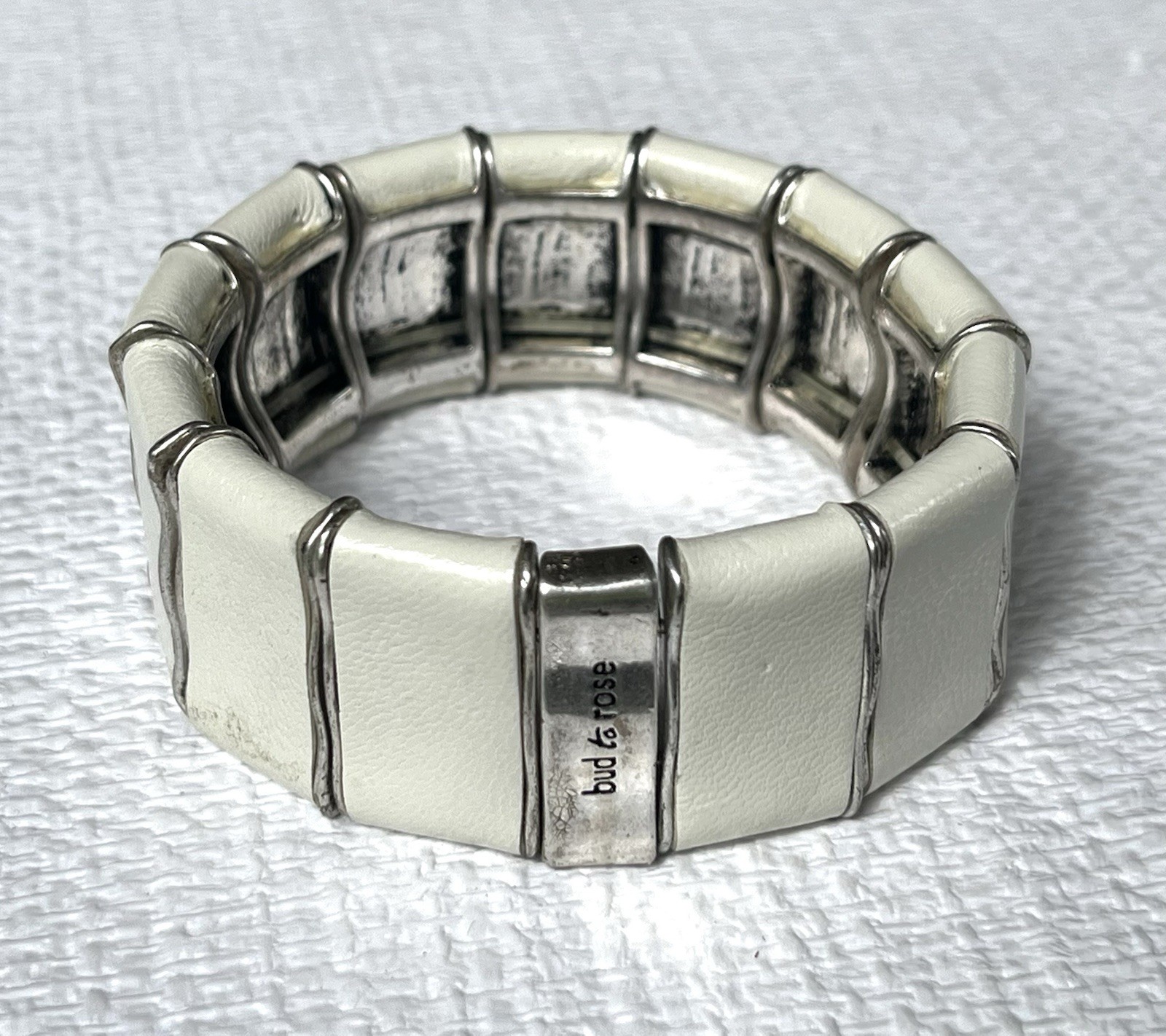 Link Cuff Bracelet Scandinavian White Leather Wrapped Links, Stretch bud to rose