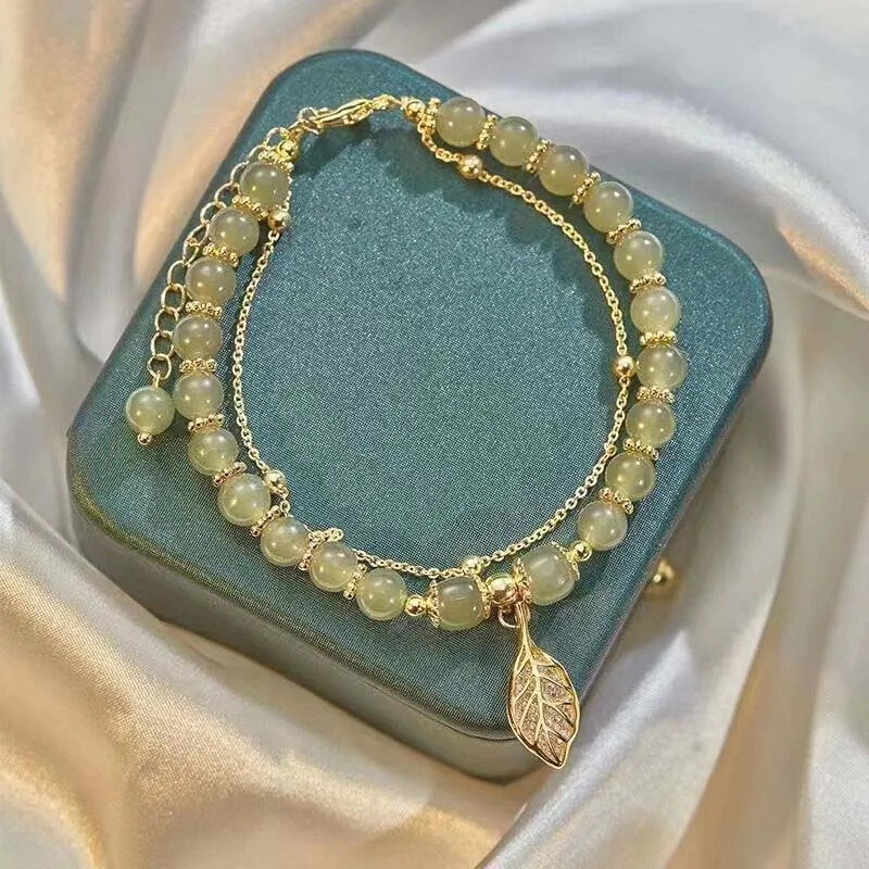 Chinese Green Hetian Jade Bracelet Retro Gold Leaf Beaded Bracelet Jewelry
