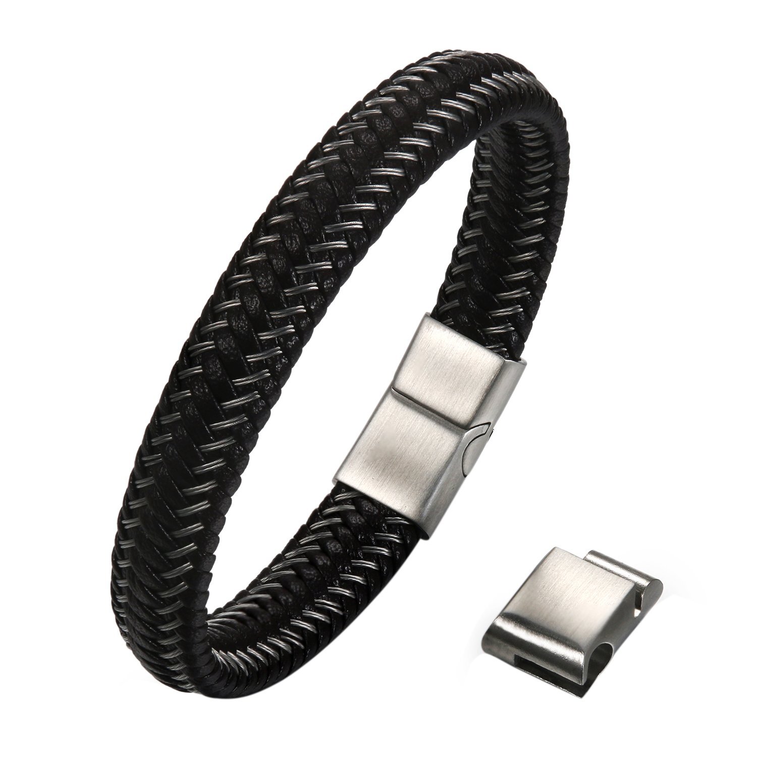 Men’s Stainless Steel Magnetic Clasp Braided Cuff Leather Bracelet Bangle Wrist