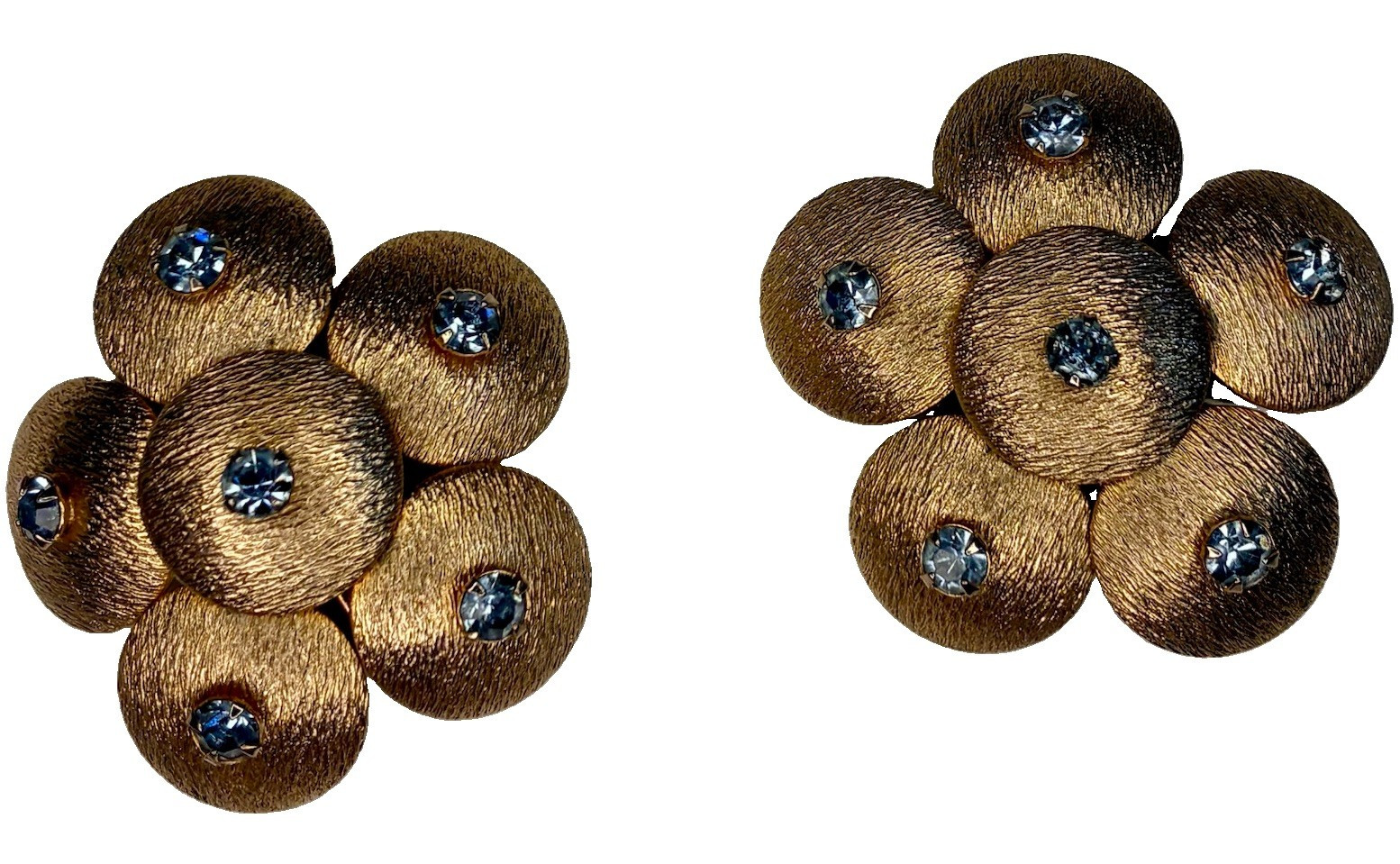 Gold Tone Flower Cluster Clip-On Earrings w/ Blue Round Prong Set Crystals