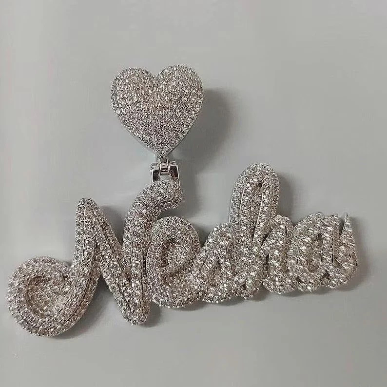 3 Ct Round Cut Simulated Diamond Customized Name Pendant 14k White Gold Plated
