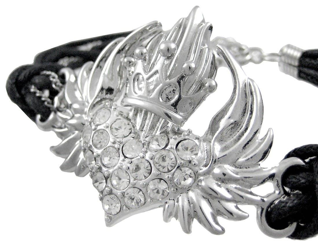 Zeckos Rhinestone Crowned Winged Heart Cord Bracelet