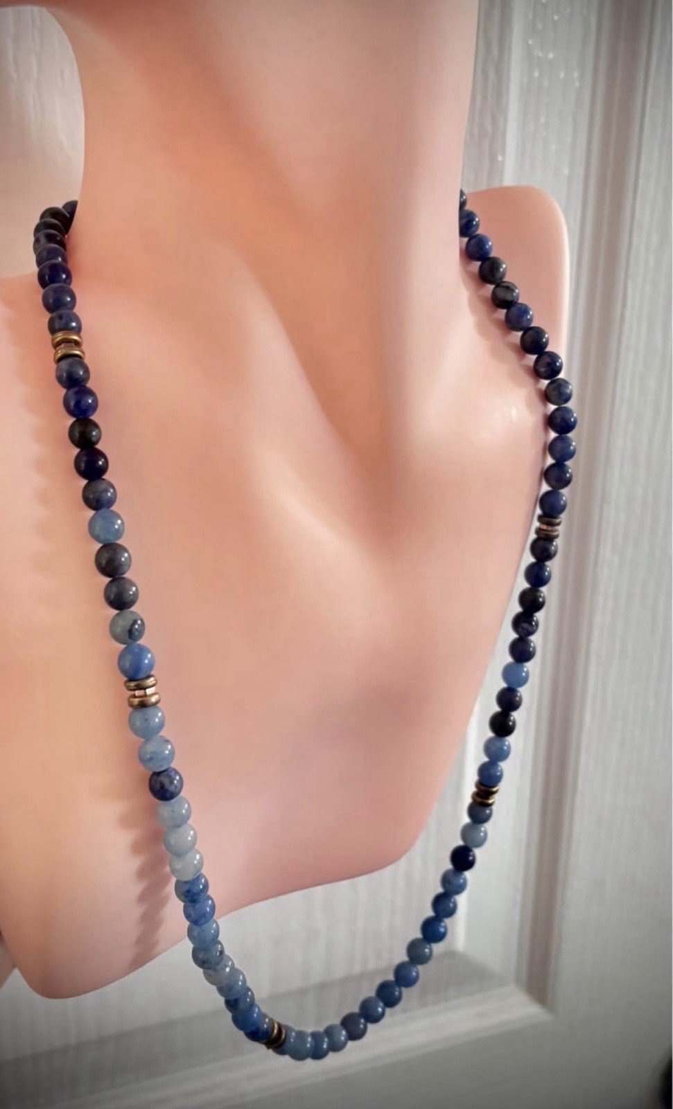 Blue Round Stone Bead Pendant Necklace, Ball/Bead Chain, Lobster Clasp