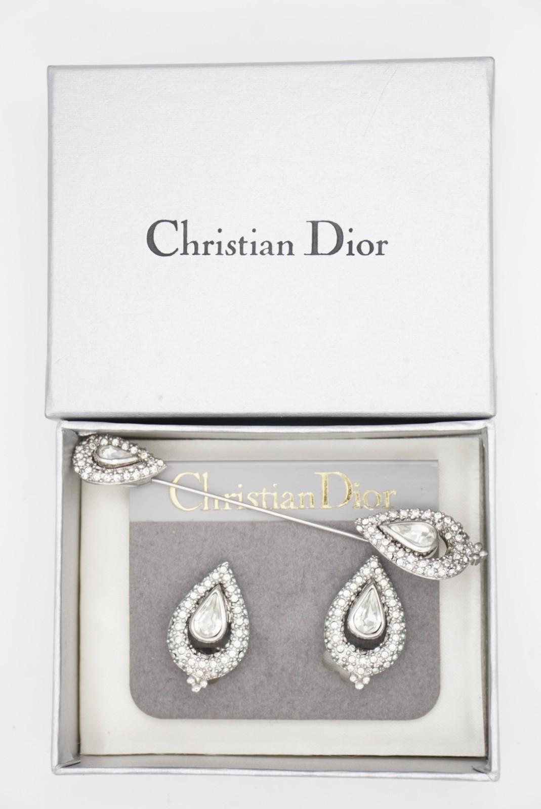 Christian Dior Vintage Peacock Eye Water Drop Whole White Crystals 2 Set, Silver