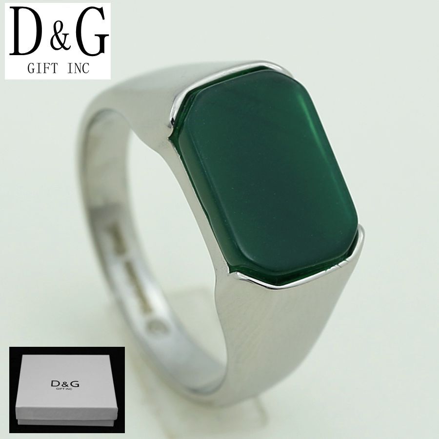 DG Men’s Stainless Steel Silver Green Jade Stone;Rings 8-13 High Polish Box