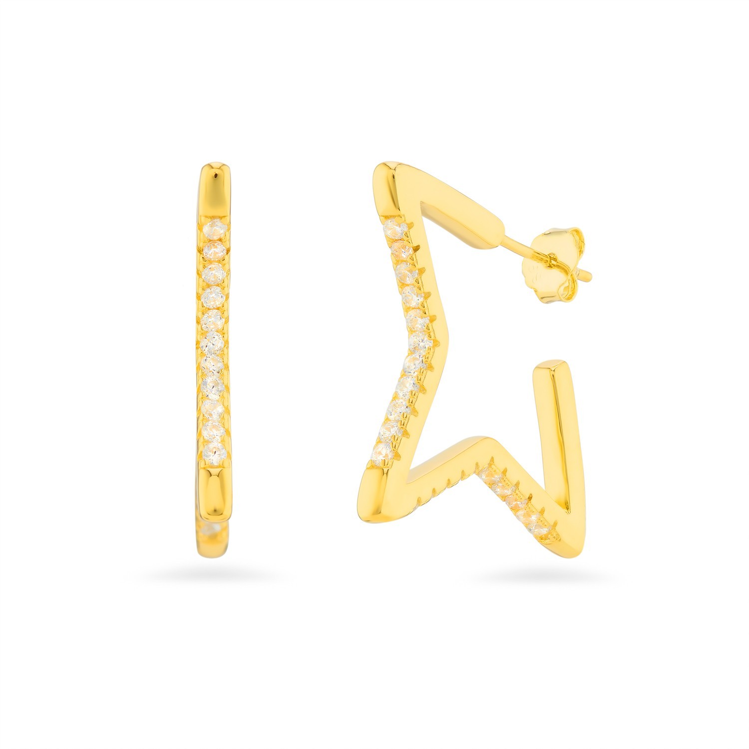925 Sterling Silver Gold Plated CZ Star Hoop Earrings Butterfly Backs 22mm