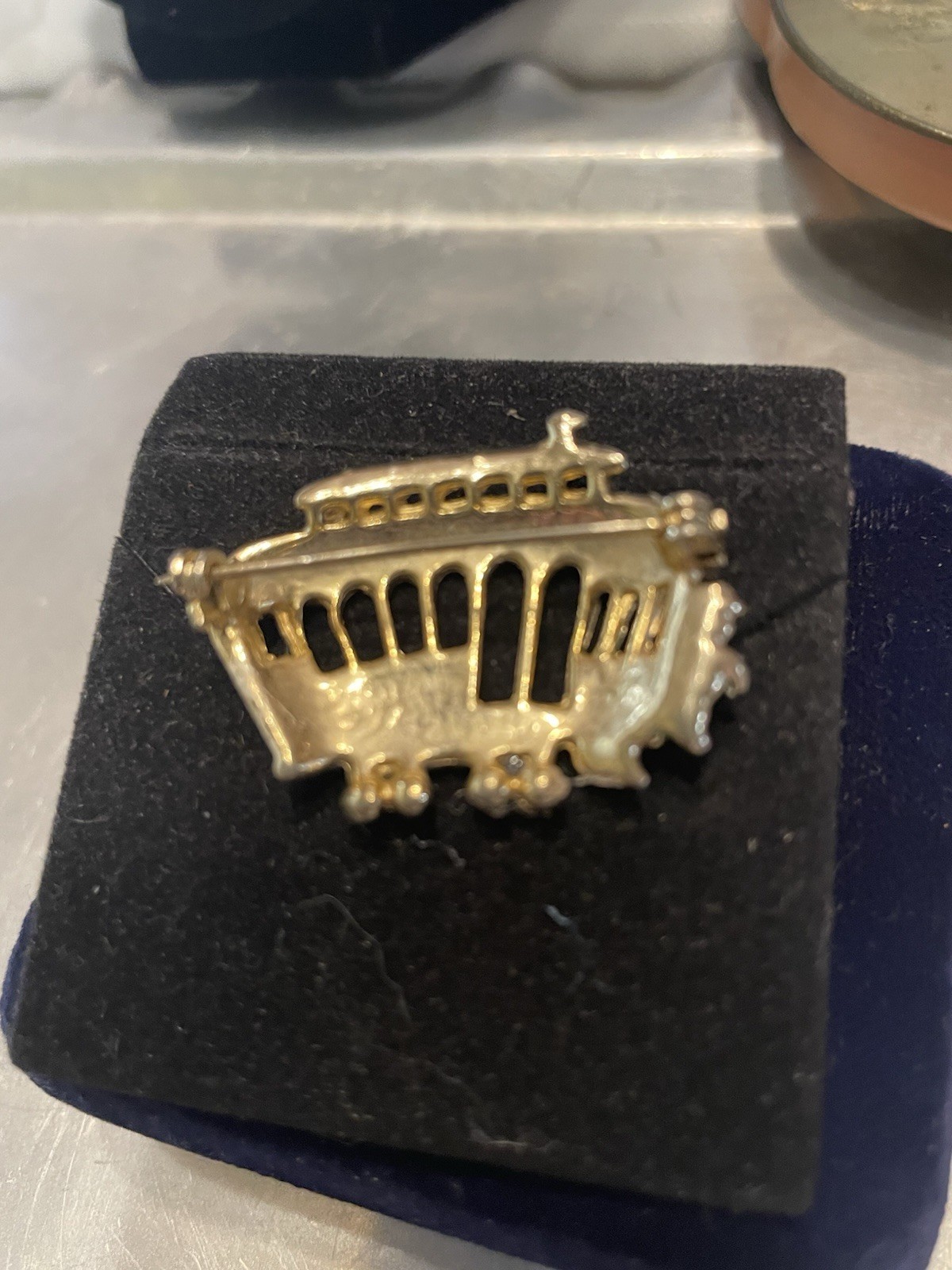 Trolley Streetcar Brooch Gold Tone Green Red Black White. Red Stone Headlight