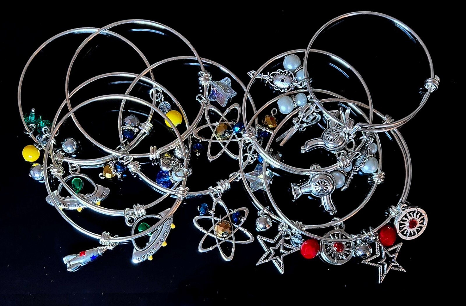 Bangle Bracelet Lot Hairdresser charm Science Alien Rocket Star Handmade 8 pc