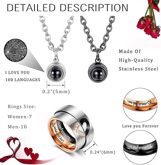 Stainless Steel Promise Couple Ring Pendant Necklace I LOVE YOU 100 Languages