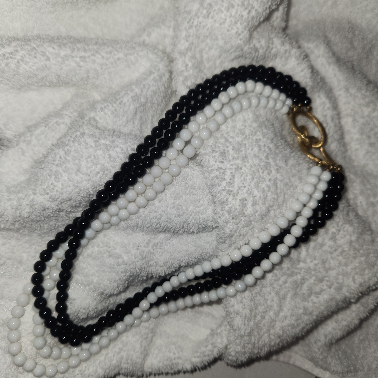 Vintage Multi Strand Black White Glass Beaded Necklace Gold Tone Textured Clasp