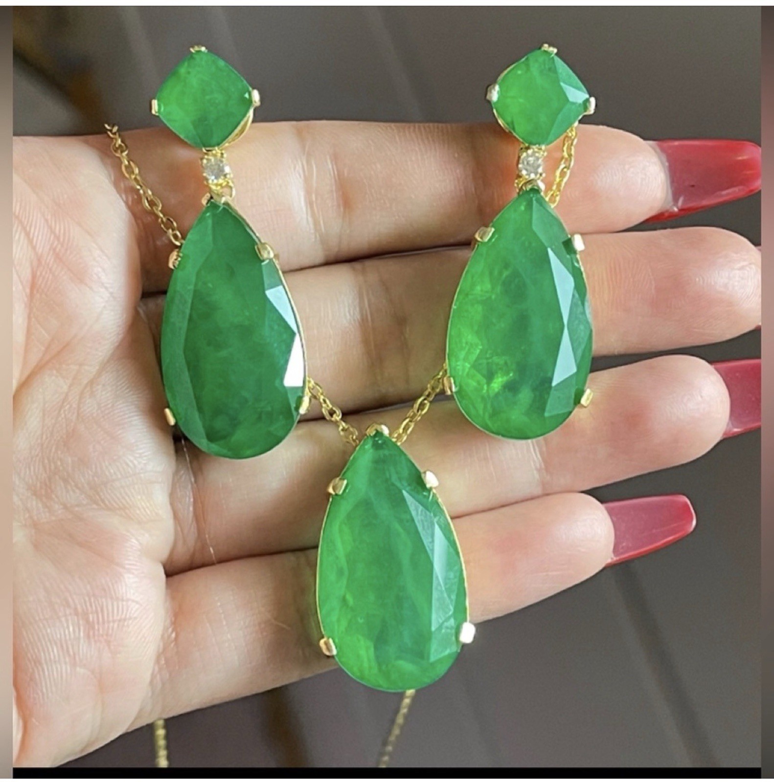 Green Pear 100% Zambian Emerald Necklace & Earrings Jewelry Elegant Teardrop