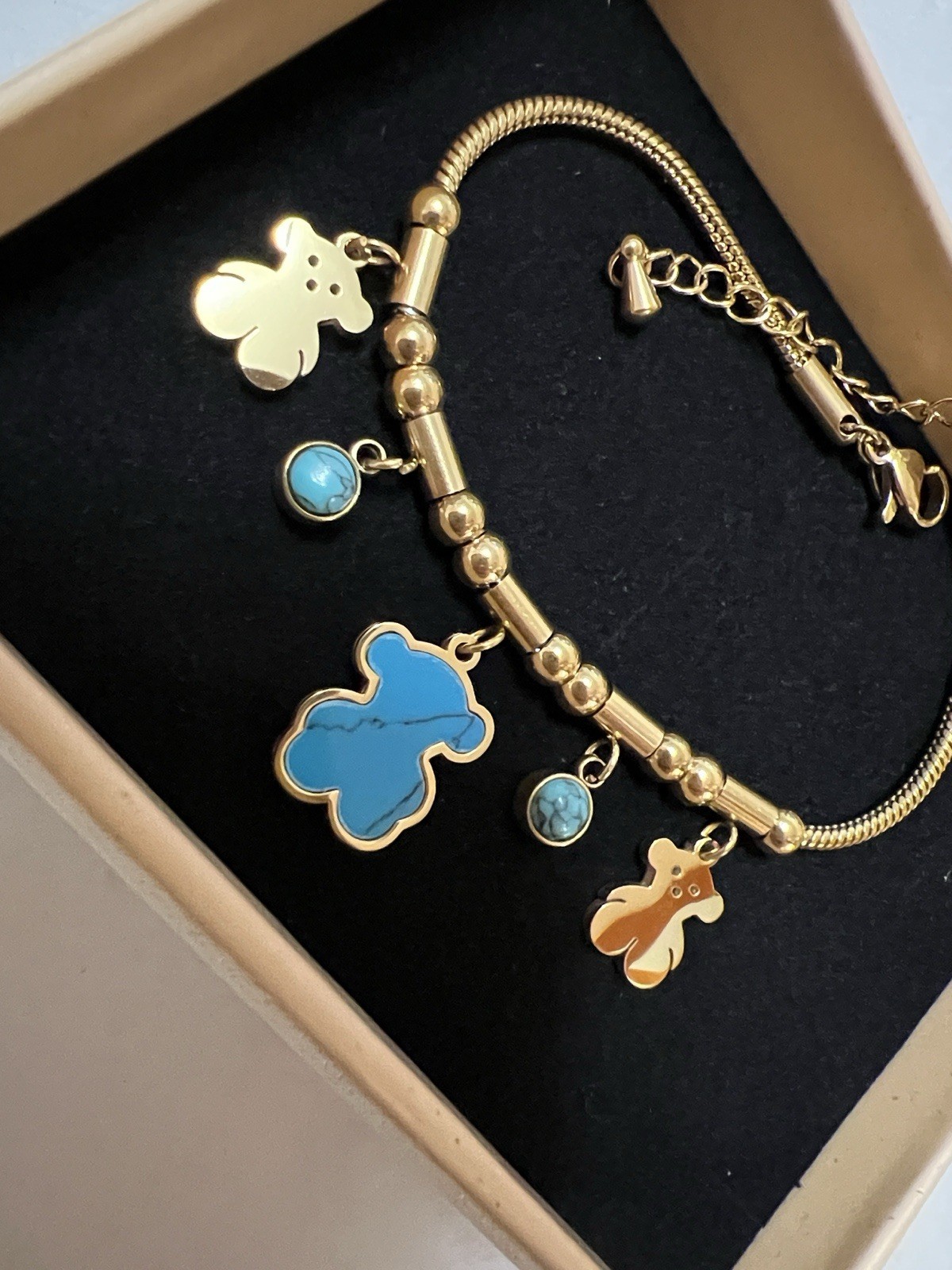Gold Tone Stainless Steel Snake Chain Teddy Bear Charm Bracelet Blue Accents