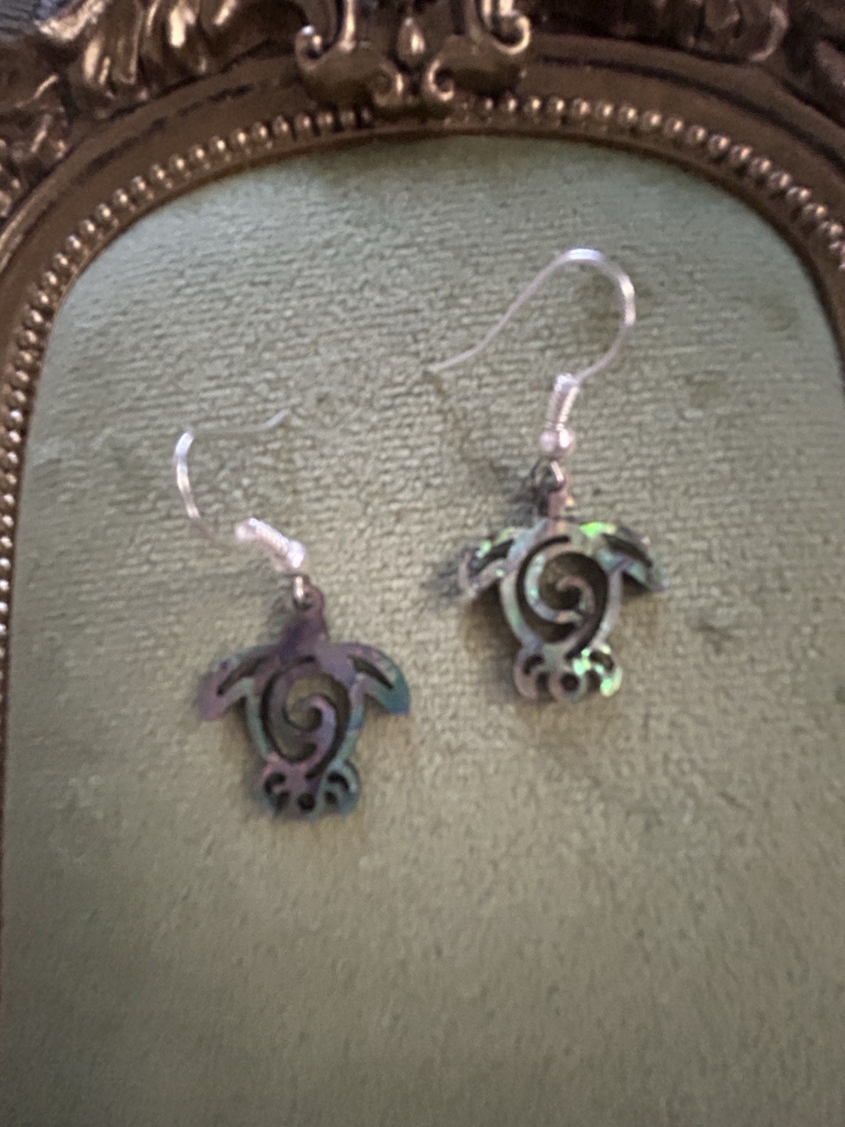 Abalone Shell Sea Turtle Dangle Earrings 1 3/8”