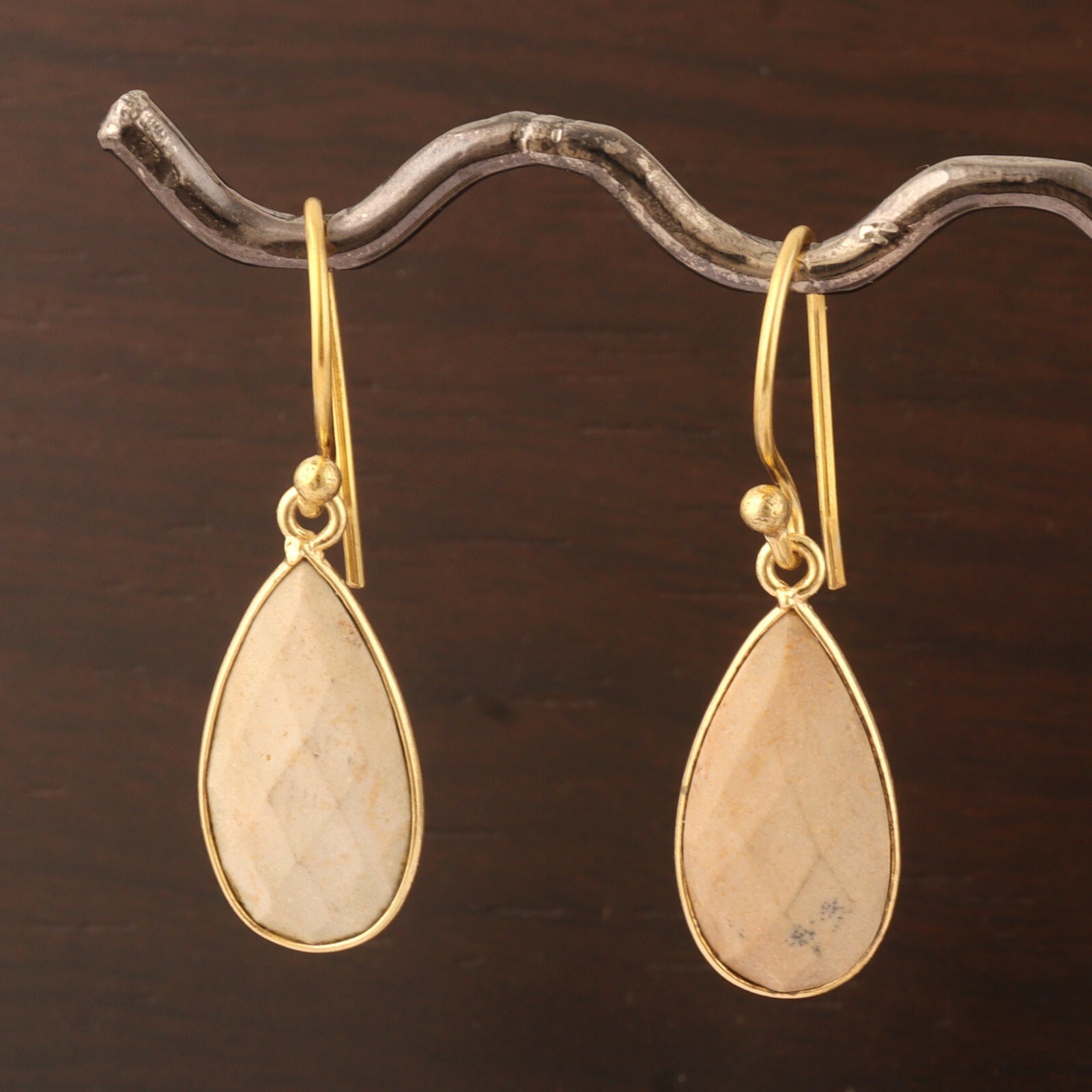 Unique Design Picture Jasper Yellow Gold Plated Bezel Set Drop Dangle Earrings