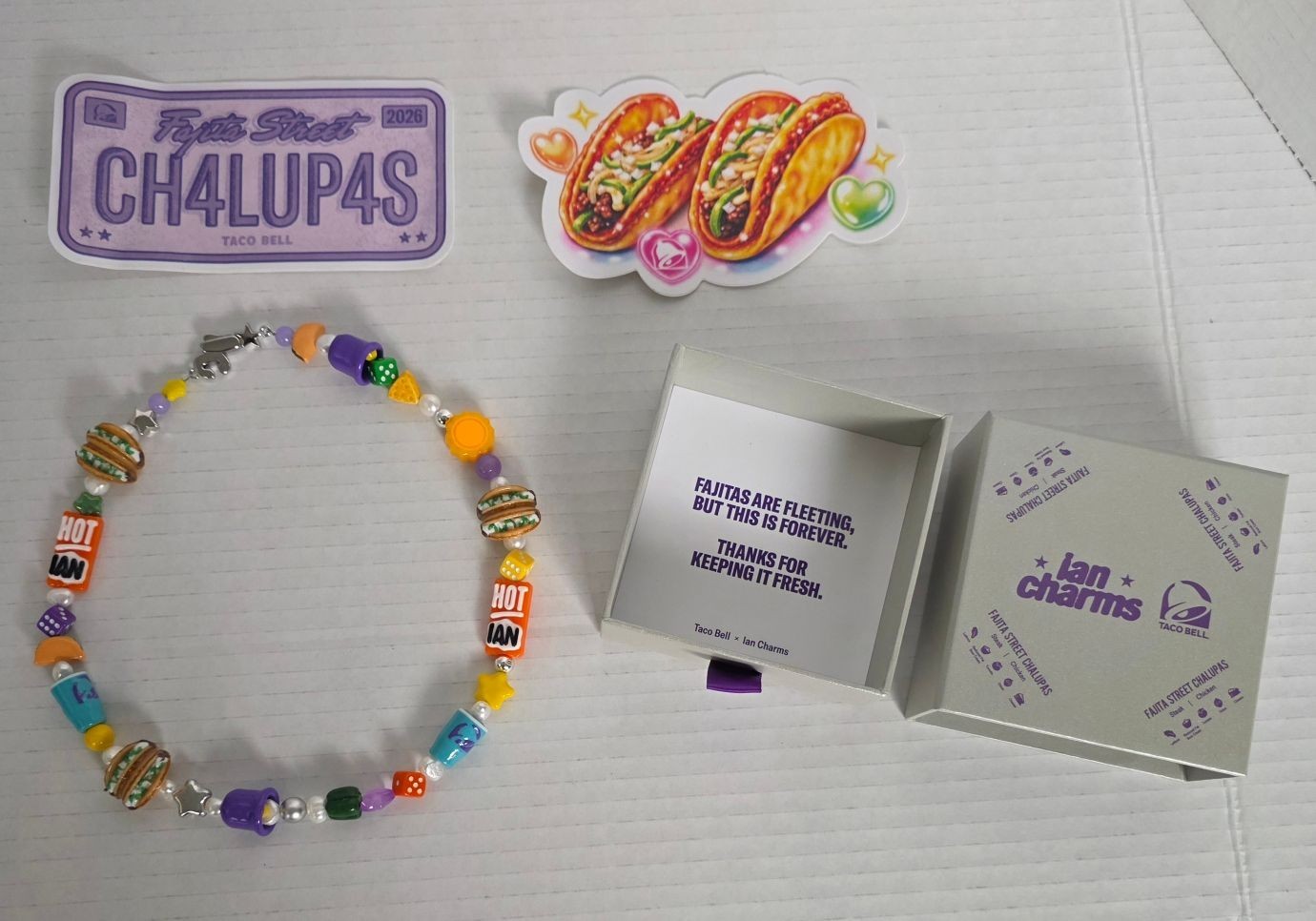 Taco Bell x Ian Fajitas Charm Necklace SUPER Rare 1/300 PLUS Stickers! FREE SHIP