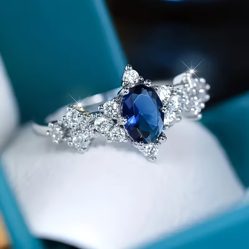 Beautiful Women’s Lab Created Dark Blue Topaz & Cubic Zirconia Ring, Size 9.