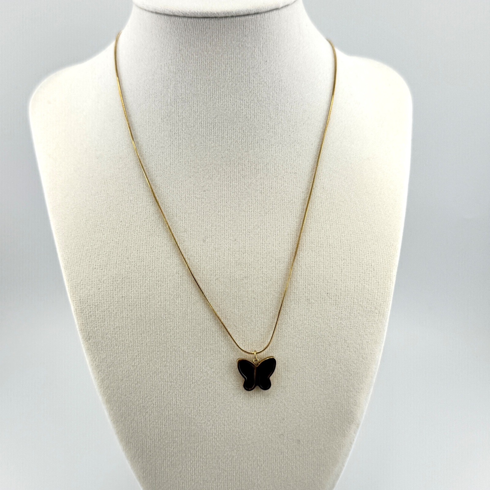 Gold Tone Butterfly Pendant Necklace Black Inlay Snake Chain