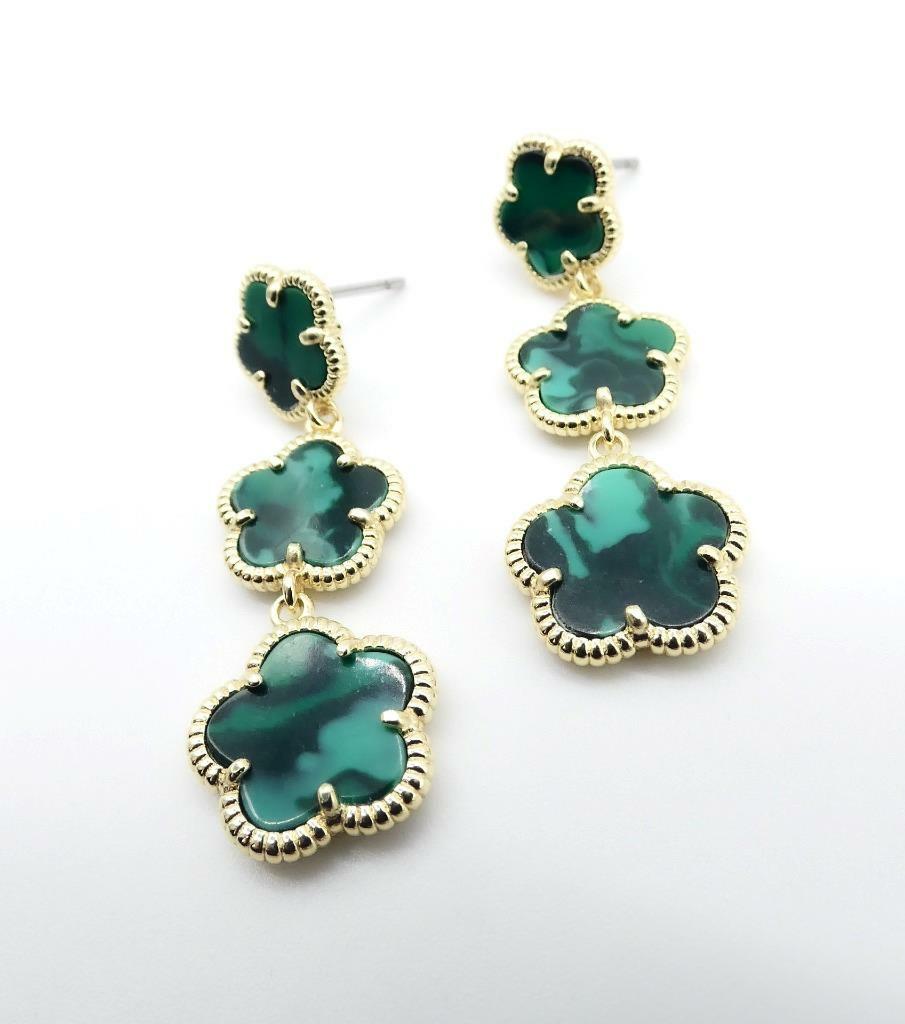 ELEGANT 18kt Gold Plated Green Malachite Triple 5 Petal Flower Dangle Earrings