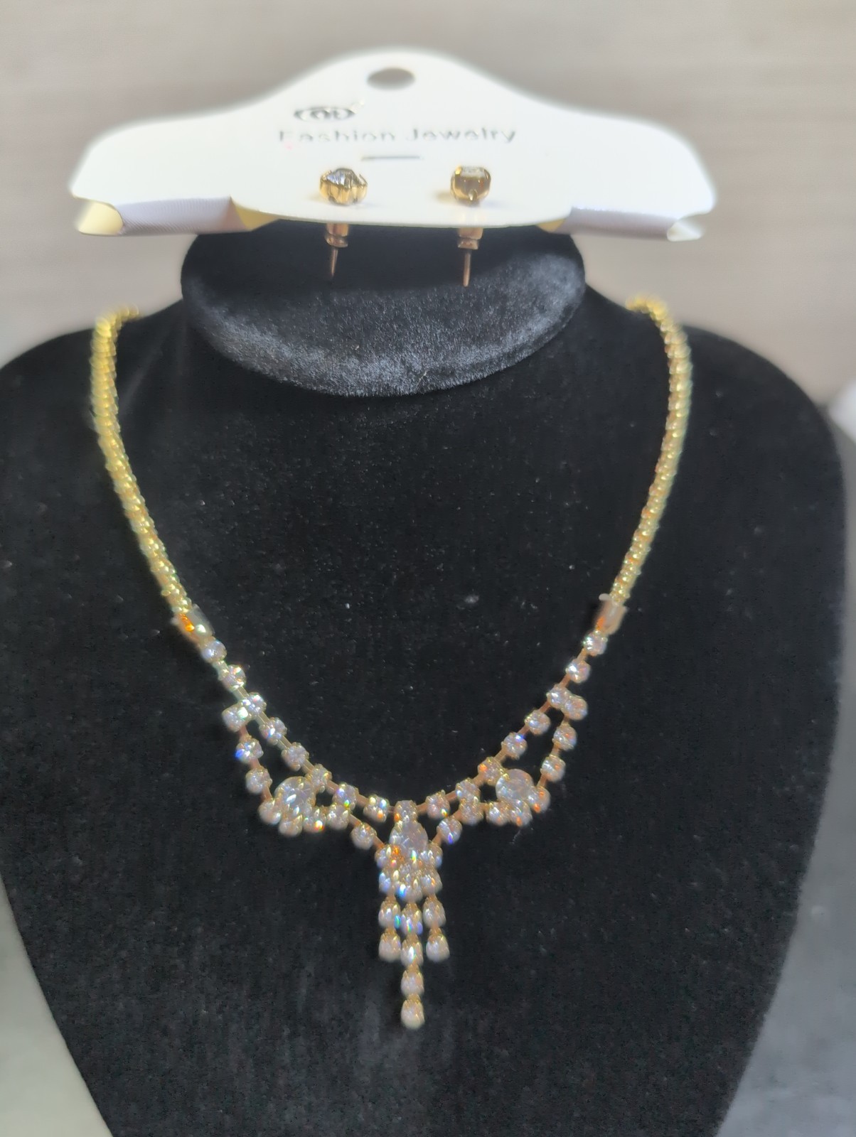 Gold Tone Necklace And Earrings Set Faux Diamonds And Faux Diamond Studs 18