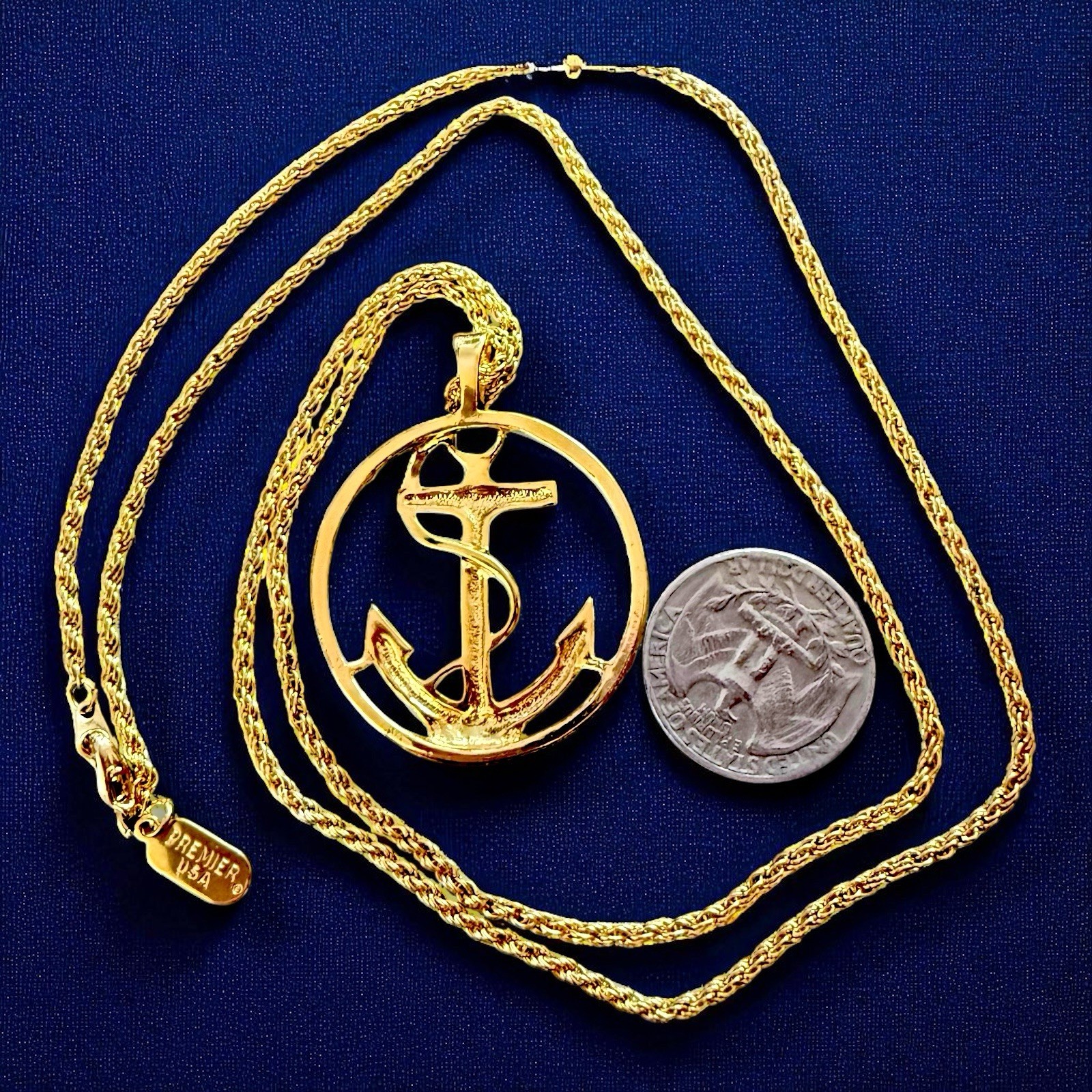 Anchor Pendant Rope Chain Necklace Nautical Coastal Chic Premier USA Signed