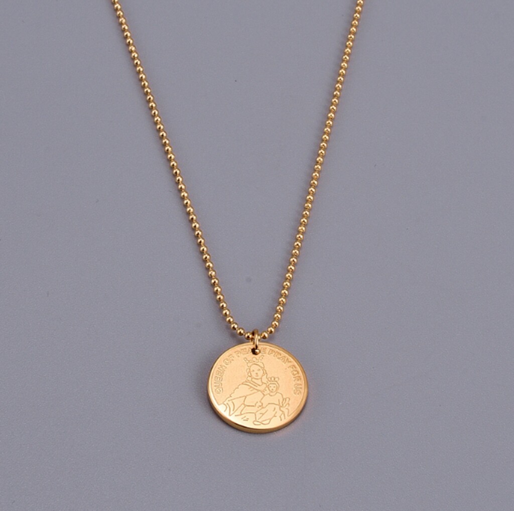 Women Girl Titanium Stainless Steel Our Lady of Mary Round Gold Coin Necklace