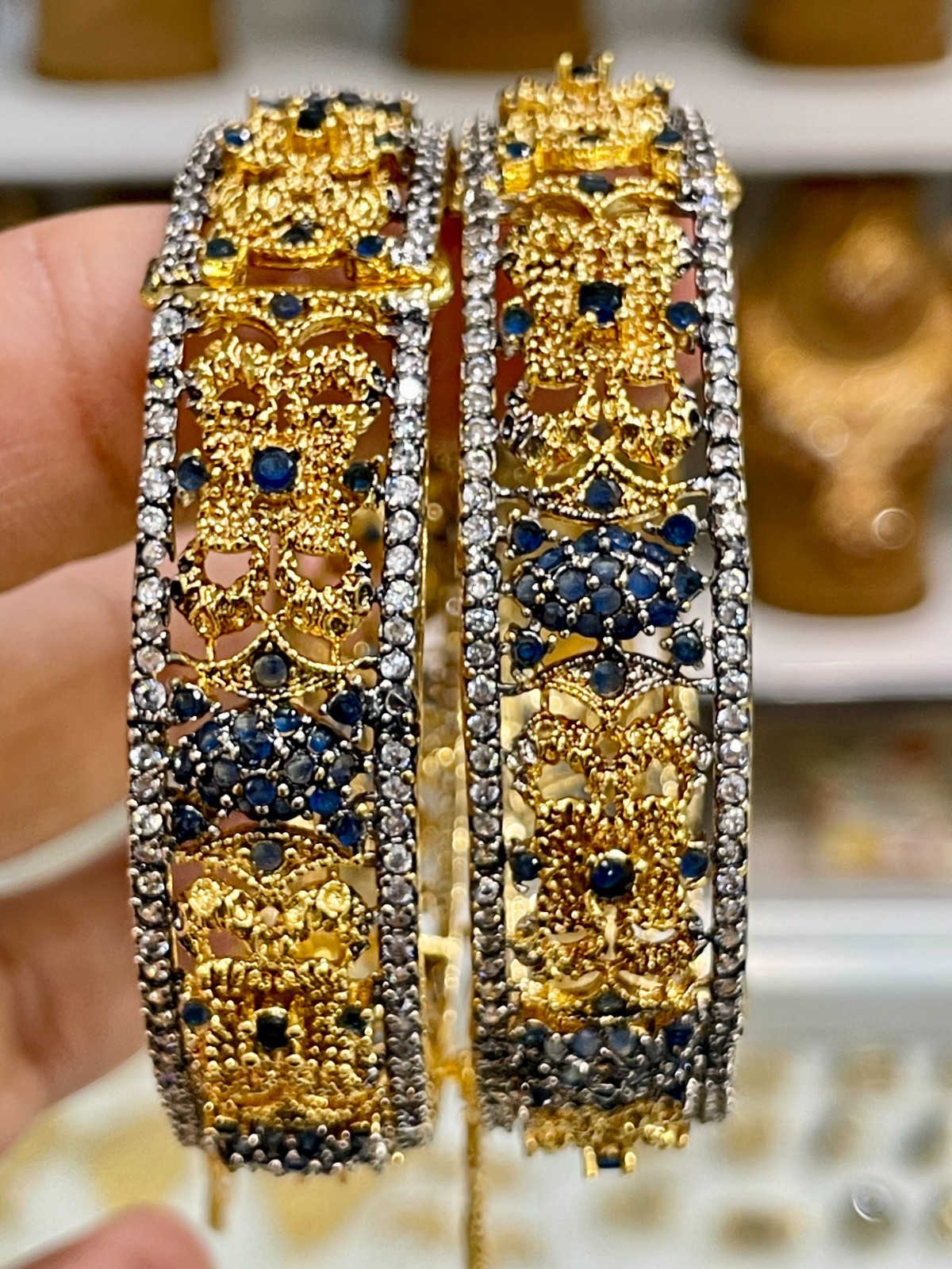 2 Pc Adjustable Gold Oxidized Blue Stone Bangles Pakistani Bridal Jewelry