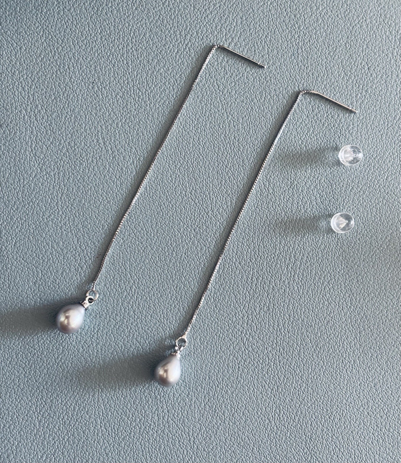 Long Threader Drop Earrings | Silver Grey Teardrop Pearls | Freshwater Pearls