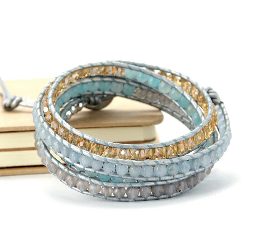 Aqua Blue Multi Strand Single Wrap Leather Bracelet 32.5 inches and 3 closures