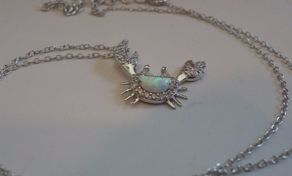 925 STERLING SILVER CRAB NECKLACE PENDANT W/ .75ct OPAL / LAB DIAMONDS/18”