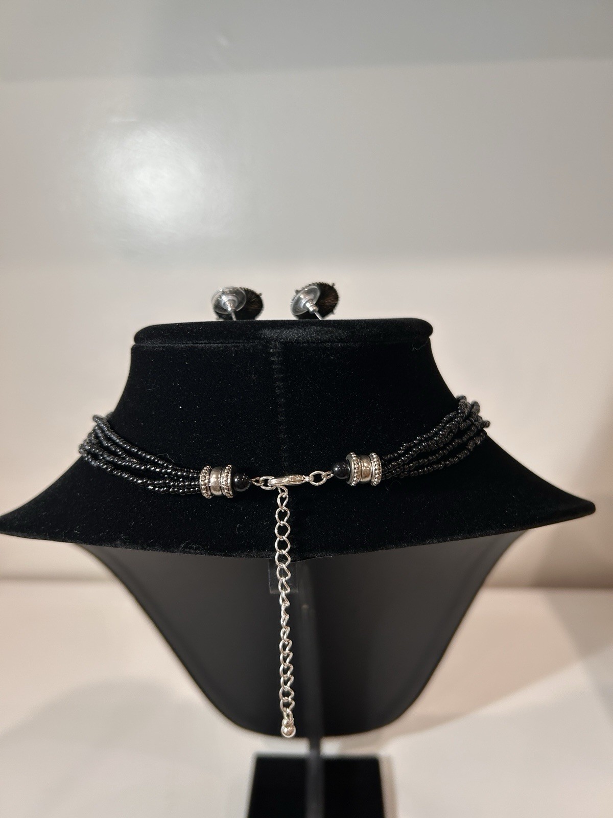 Black Silver Tone Multi-Strand Bead Oval Pendant Necklace & Earrings Set